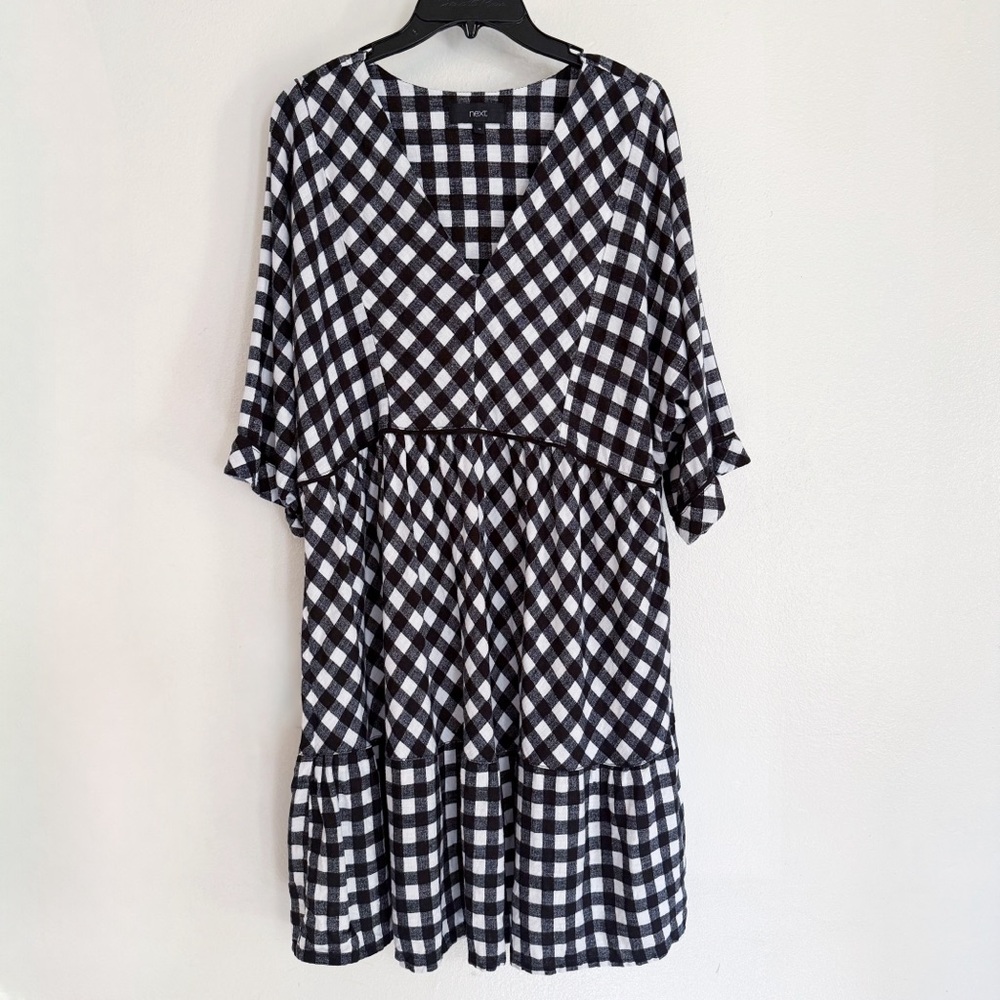 NEXT Women’s Black and White Gingham Print Oversized Linen Blend Dress Size 14